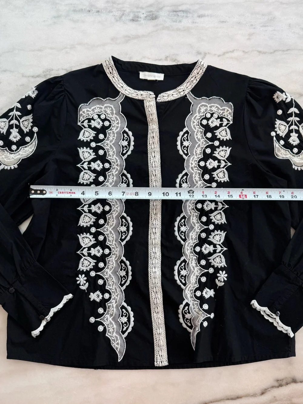 Anthropologie Jennifer Grace Embroidered Button-Down Blouse Black White Floral M